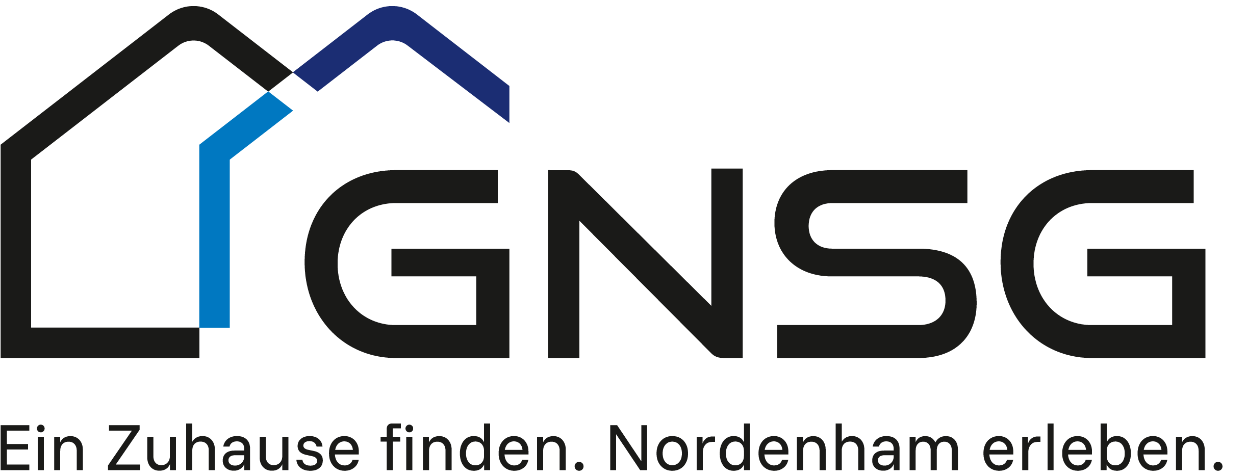 Stilisierte schwarze und blaue Hausdächer neben dem Schriftzug GNSG und dem Slogan Ein Zuhause finden. Nordenham erleben