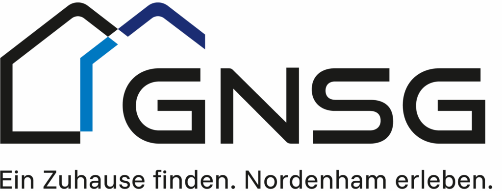 Zwei überlappende Hausumrisse in Schwarz und Blau neben Schriftzug GNSG, darunter „Ein Zuhause finden. Nordenham erleben.“
