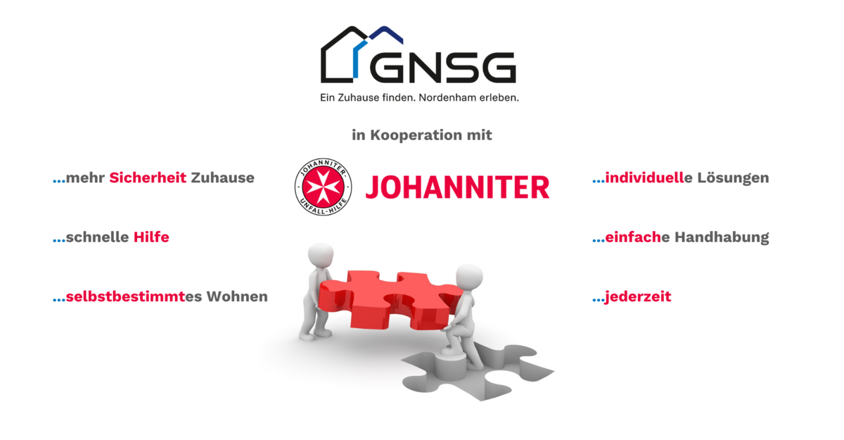 GNSG-Logo mit Johanniter-Kooperation und Vorteilsübersicht rund ums Wohnen, zwei Figuren halten rotes Puzzlestück