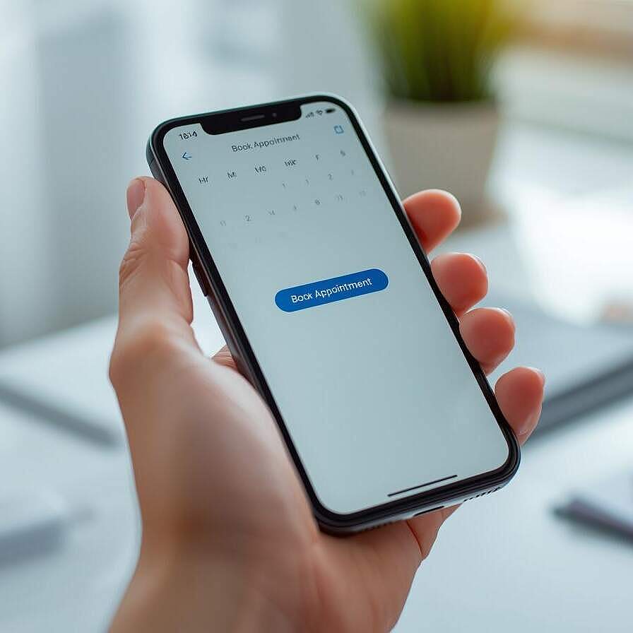 Hand hält Smartphone mit Kalendermaske für Terminvereinbarung und blauem Button Book Appointment